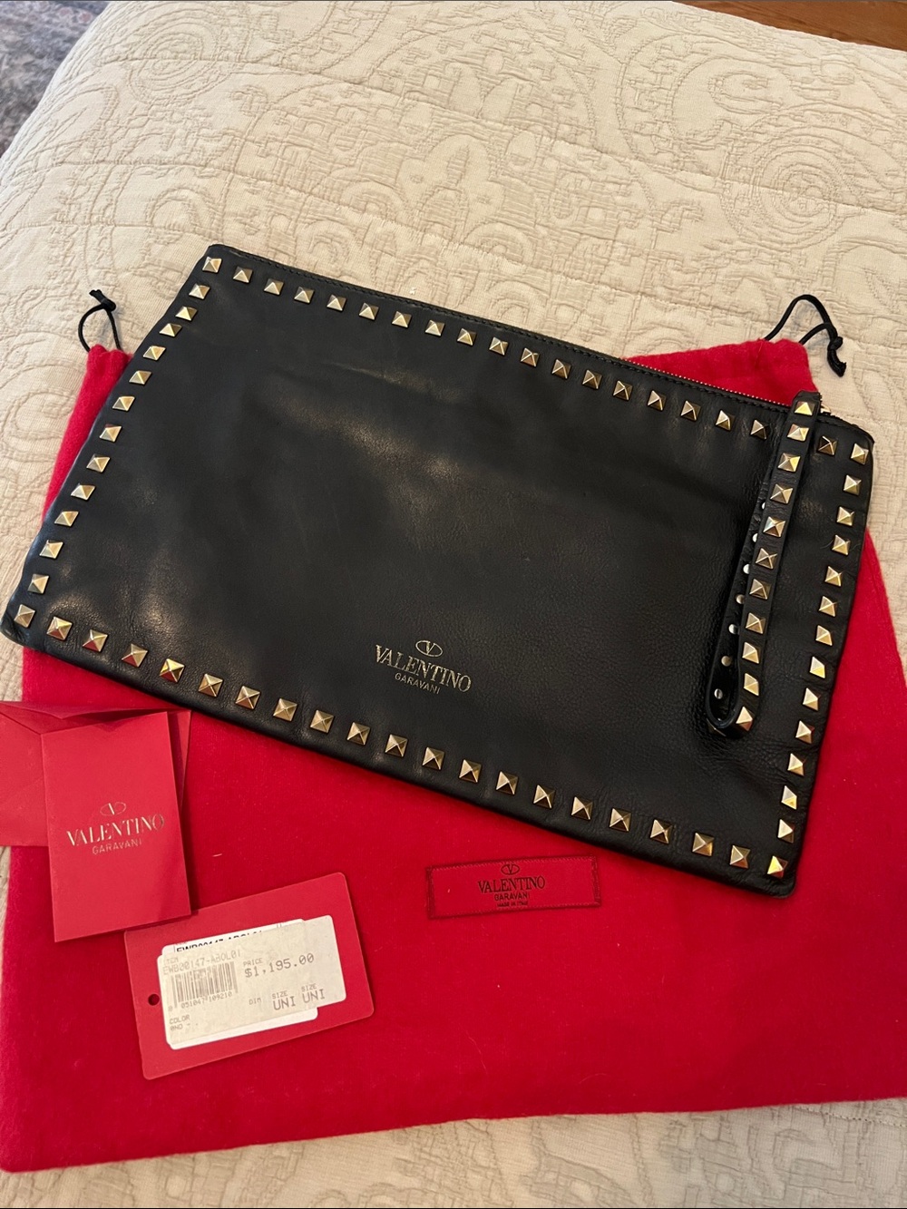Valentino Black Leather Rockstud Zip Clutch with Gold Studs